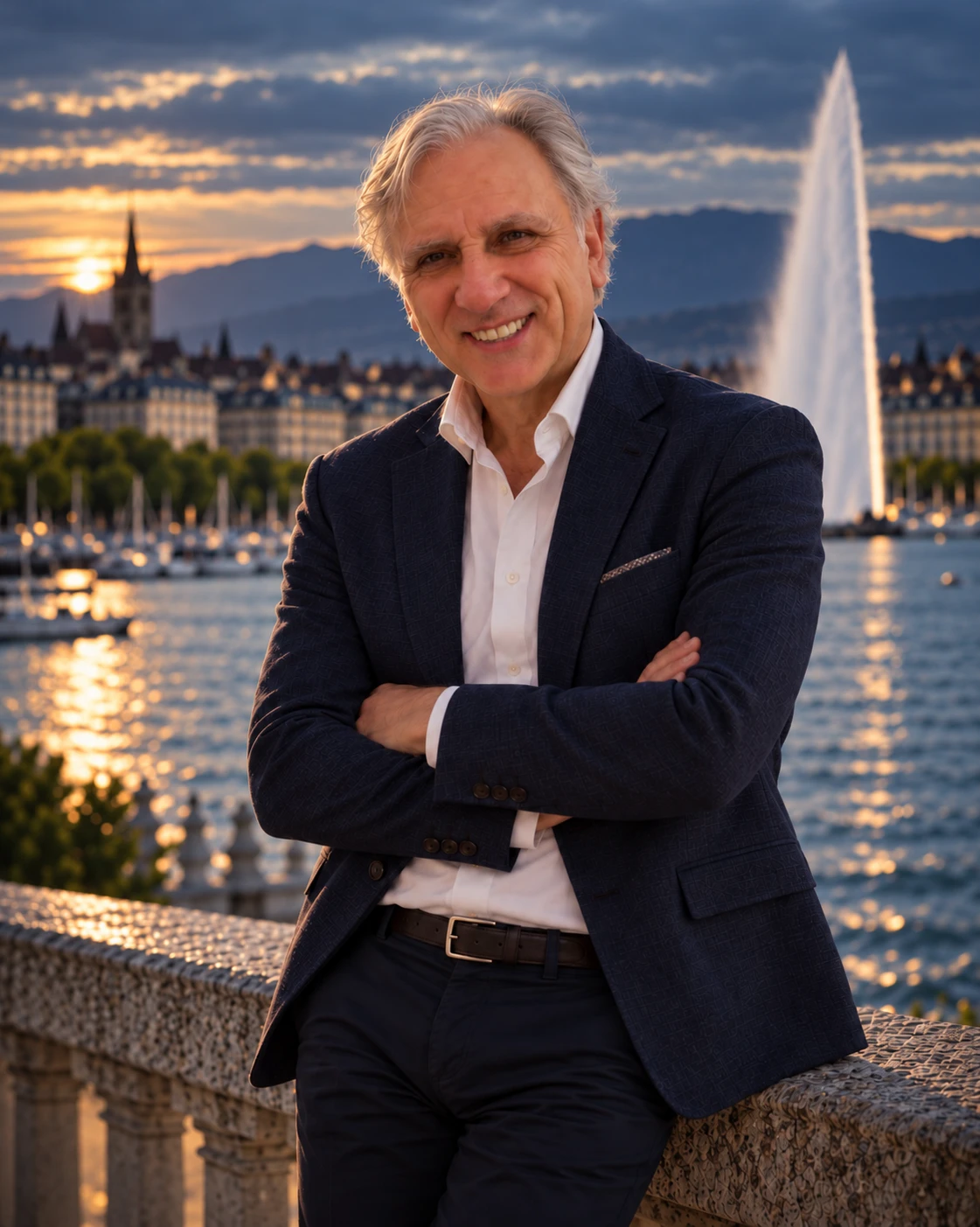 Marco Bena au bord du lac Léman, avec le Jet d’Eau de Genève en arrière-plan